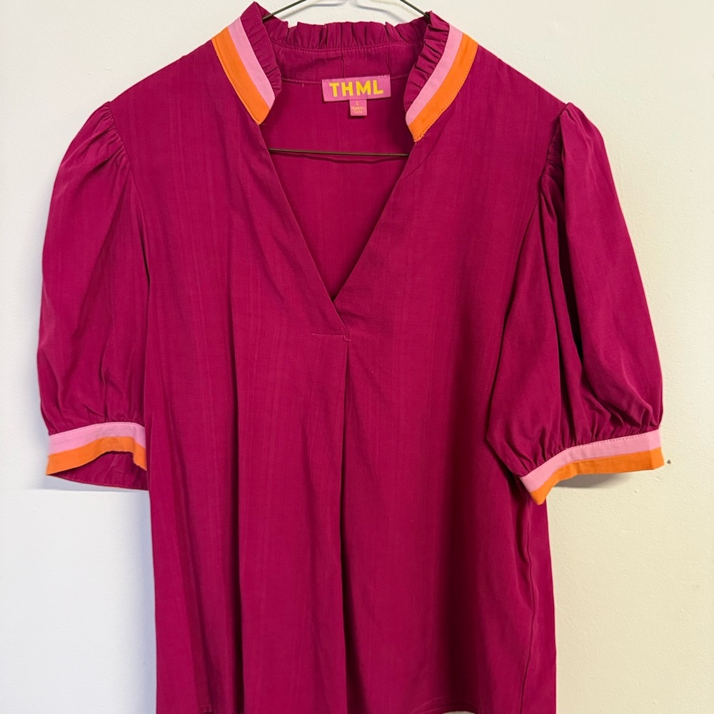 THML Fuchsia V-Neck Short Sleeve Top with Pink and Orange Trim